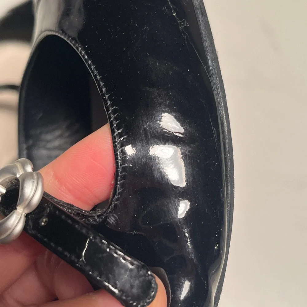 CHANEL Black Patent Leather Flats with Silver Floral Accents - Picture 11 of 14